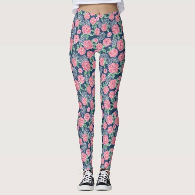 Leggings Fleur blanche et rose bleu marine (Devant)