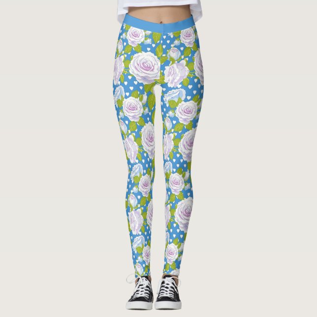 Leggings Fleur Bleue Blanche Rose Style Yoga Tendance (Devant)