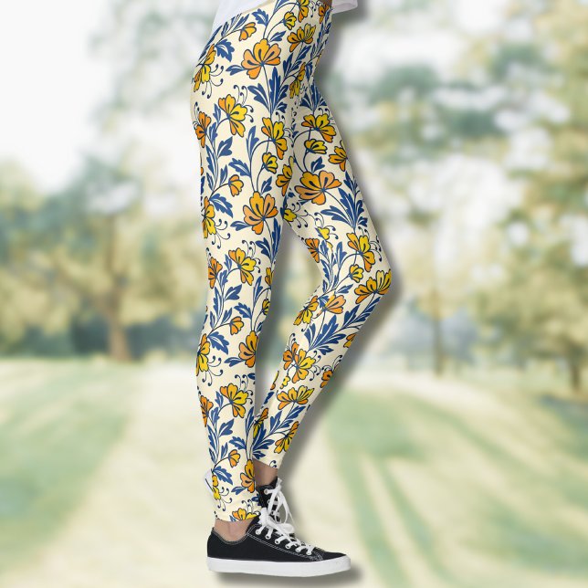 Leggings Fleur Bleue Feuillue de Style Folk Orange Jaune Vi (Créateur téléchargé)