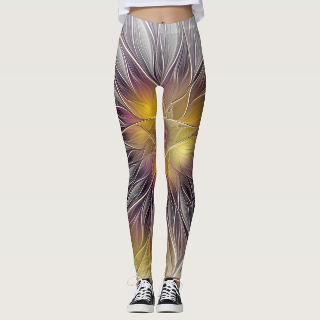 Leggings Fleur colorée lumineuse, fractale moderne abstrait (Devant)