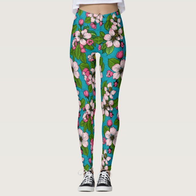 Leggings Fleur d'Apple sur le turquoise (Devant)