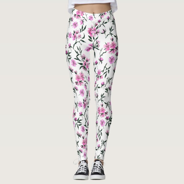 Leggings Fleur de cerisier blanc sur blanc (Devant)