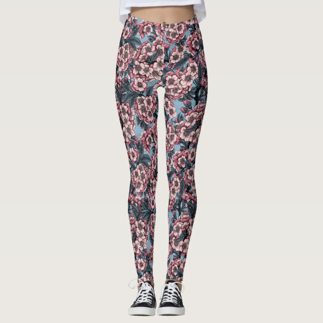 Leggings Fleur de cerisier rose et bleu (Devant)