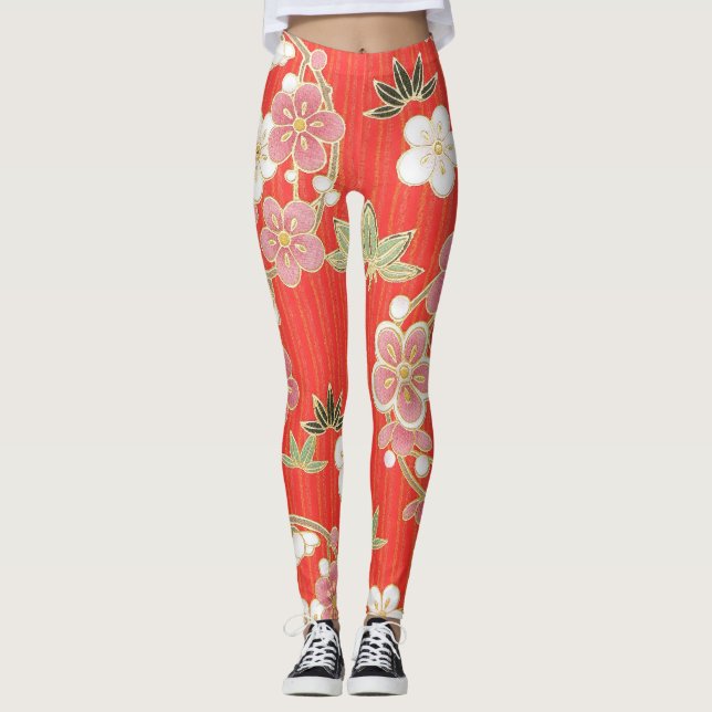 Leggings Fleur de couleur cool sur arrière - plan orange (Devant)