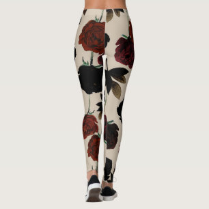 Leggings Fleur de Floraison foncée rouge et beige noir bota