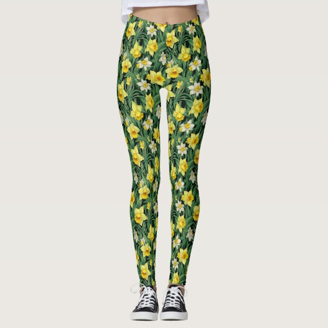 Leggings Fleur de jonquille jaune et blanc sans couture (Devant)
