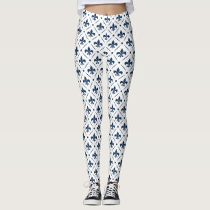 Leggings Fleur De Lis bleu foncé motif sur arrière - plan b