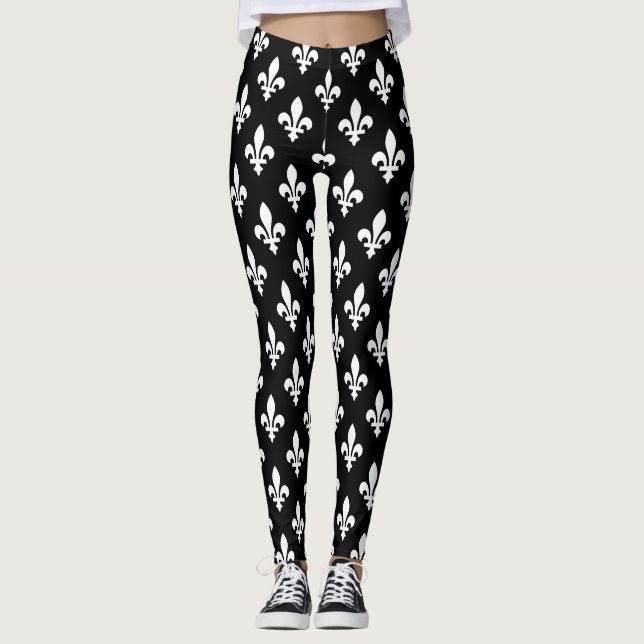 Leggings Fleur de Lis Motif, Royal French, Blanc sur Noir (Devant)