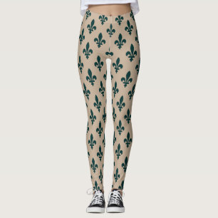 Leggings Fleur de Lis Motif, Royal French Green on Cream