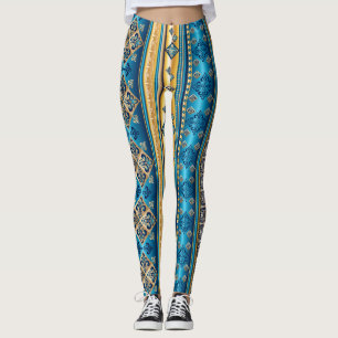 Leggings Fleur de lis Smoky Blue Gold Jaune Motif ethnique