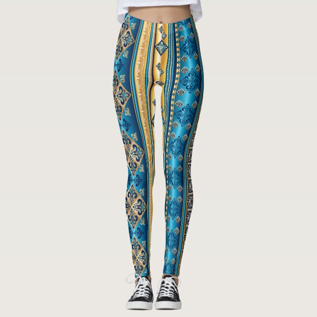 Leggings Fleur de lis Smoky Blue Gold Jaune Motif ethnique (Devant)