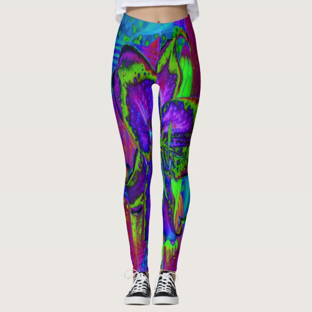 Leggings Fleur de Lys Violette et Verte Psychedelique (Devant)