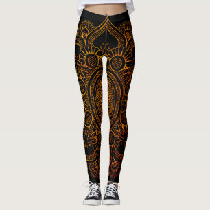Leggings Fleur de mandala - noir et or