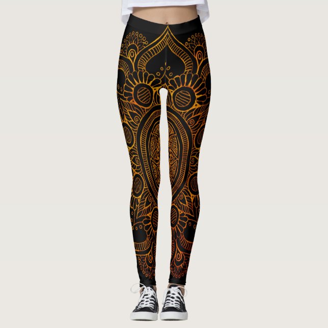 Leggings Fleur de mandala - noir et or (Devant)