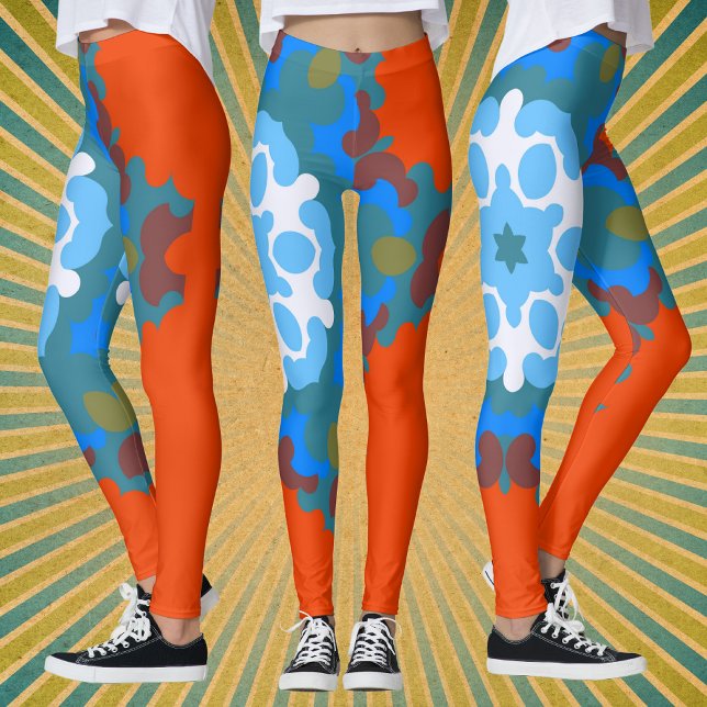 Leggings Fleur de Mandala rétro orange blanc et bleu (Créateur téléchargé)