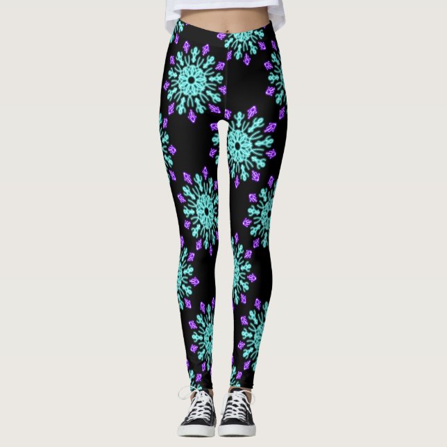 Leggings Fleur de néon pourpre et turquose (Devant)