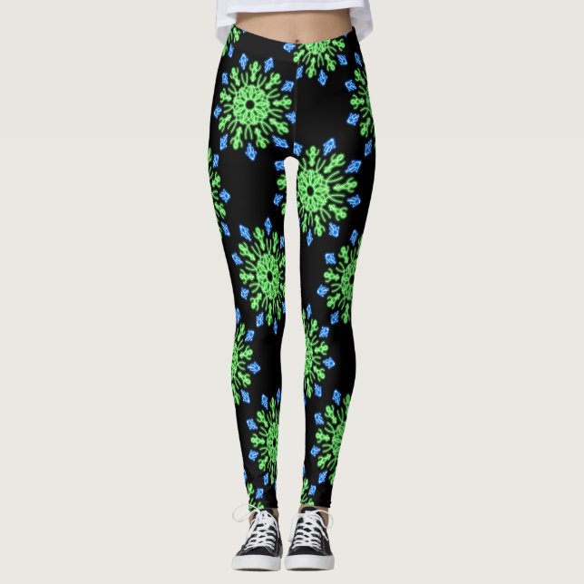 Leggings Fleur de néon vert et bleu (Devant)