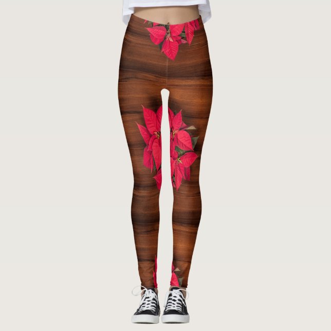 Leggings Fleur de Noël rouge sur fond marron (Devant)