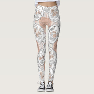 Leggings Fleur de oiseau vintage Toile rayée (3)