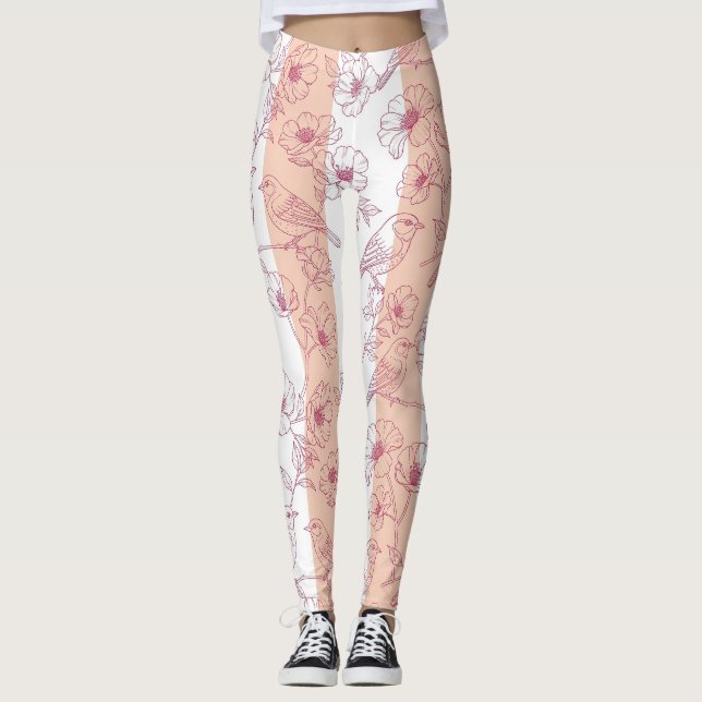 Leggings Fleur de oiseau vintage Toile rayée (8) (Devant)