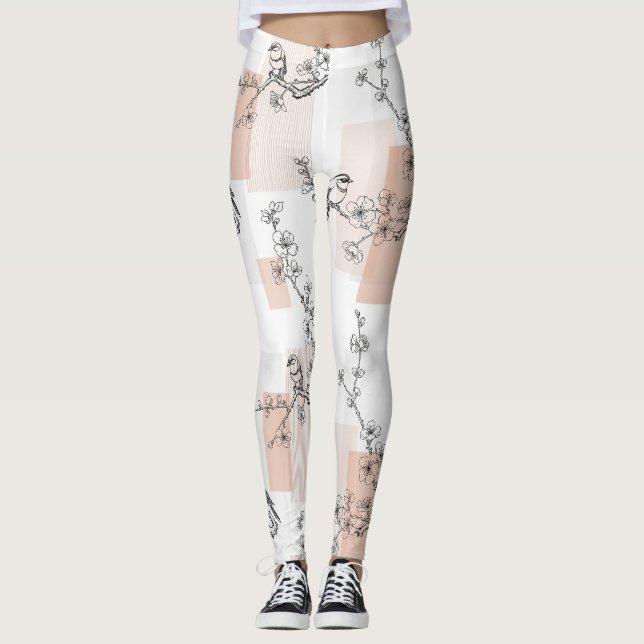 Leggings Fleur de Oiseau Vintage Toile Rayure (10) (Devant)