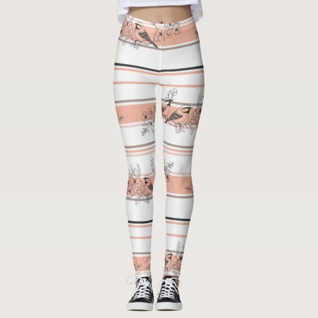 Leggings Fleur de oiseau vintage Toile Rayure (12) (Devant)