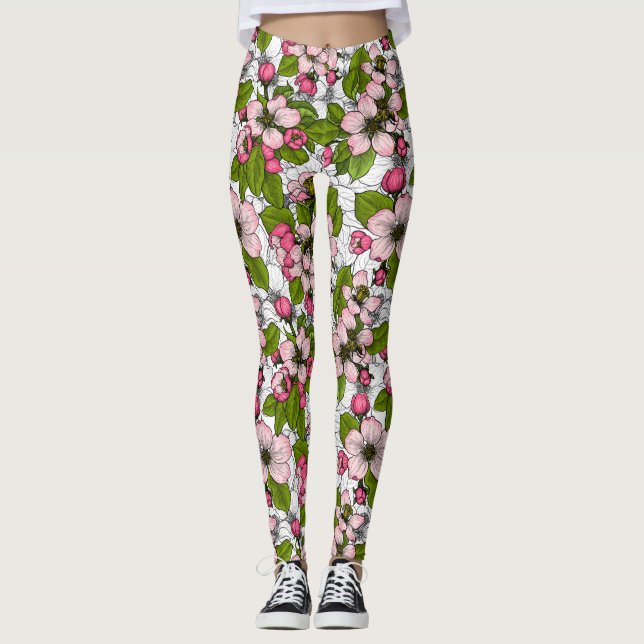 Leggings Fleur de pomme sur blanc (Devant)