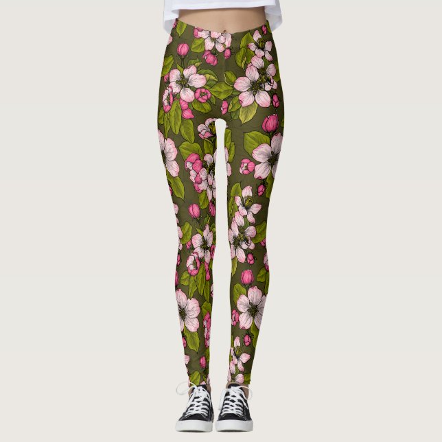 Leggings Fleur de pomme sur vert foncé (Devant)