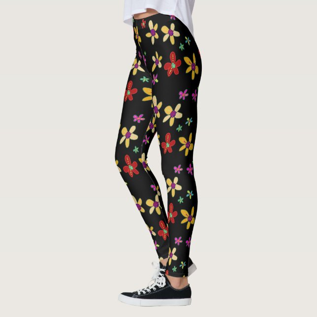Leggings Fleur dessinée à la main sur fond noir (Gauche)