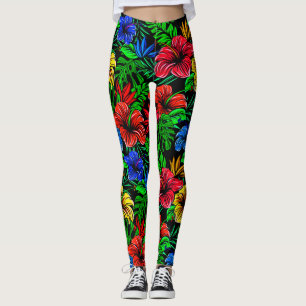 Leggings Fleur d'Hibiscus bleu rouge tropical