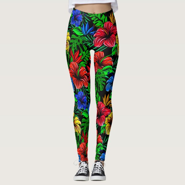 Leggings Fleur d'Hibiscus bleu rouge tropical (Devant)