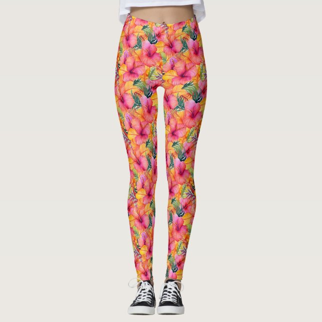 Leggings Fleur d'Hibiscus orange et rose avec feuilles vert (Devant)