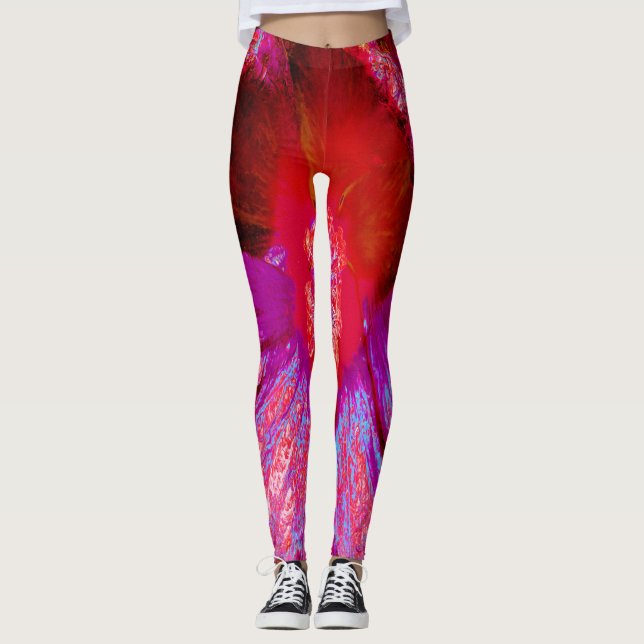 Leggings Fleur d'Hibiscus Rouge Rétro Trip Psychedélique (Devant)