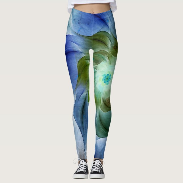 Leggings Fleur fractale bleue et verte (Devant)
