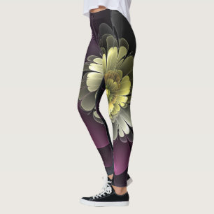Leggings Fleur fractale grise et pourpre moderne abstraite