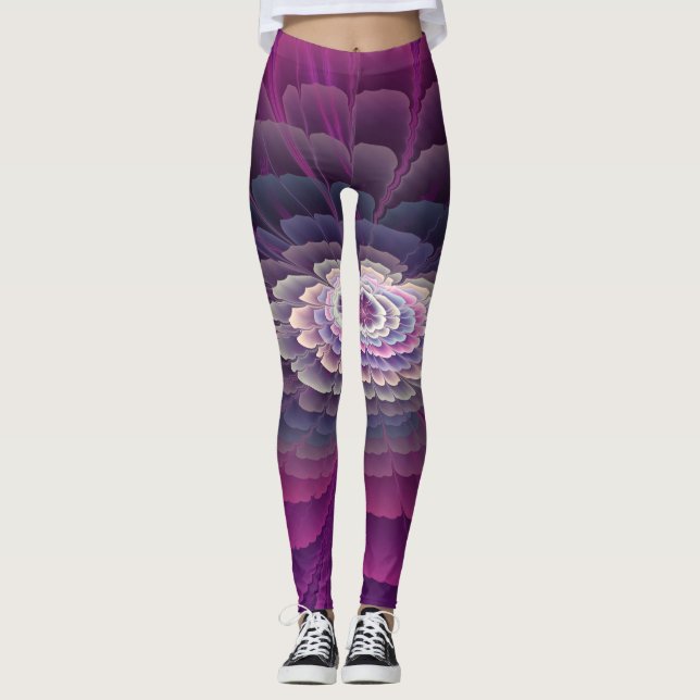 Leggings Fleur frappante abstraite fractale couleur rose (Devant)