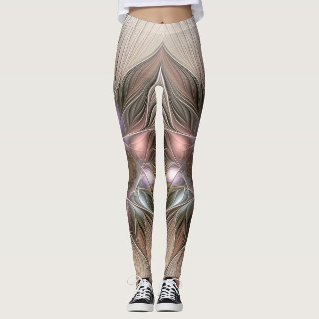 Leggings Fleur joyeuse Abstrait Beige Marron Floral Fractal (Devant)