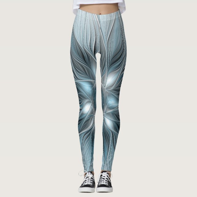 Leggings Fleur joyeuse abstraite florale fractale bleue gri (Devant)