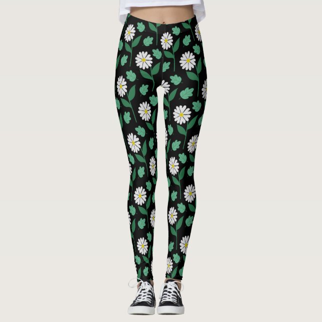 Leggings Fleur marguerite blanche sur arrière - plan noir (Devant)