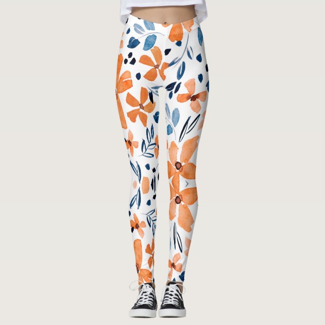 Leggings Fleur orange et bleu feuille motif (Devant)