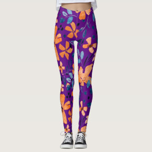 Leggings Fleur orange et feuilles bleus transparents