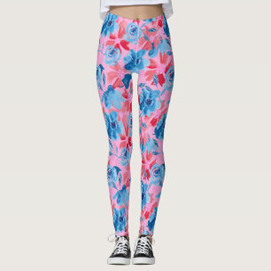 Leggings Fleur peinte à la main vive Design bleu rouge