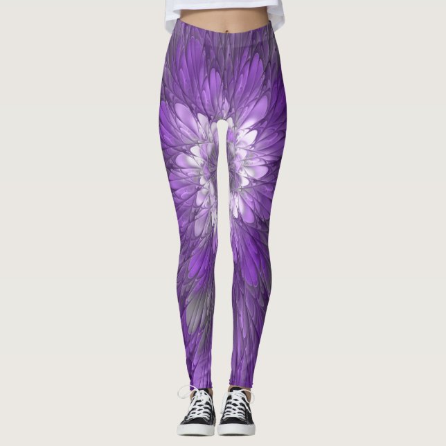 Leggings Fleur psychédélique violette Abstraite Fractal Art (Devant)