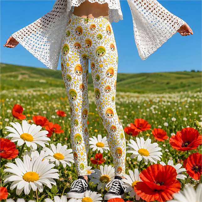Leggings Fleur Rétro Daisy Mignonne Visage de Poupée Été (Créateur téléchargé)