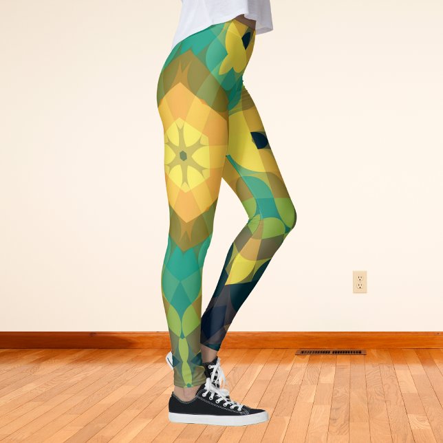 Leggings Fleur rétro Mandala jaune bleu et vert (Créateur téléchargé)