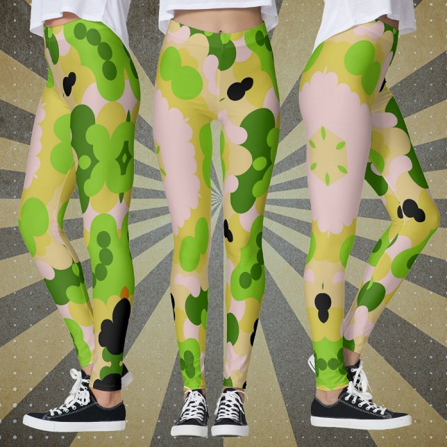 Leggings Fleur Retro Mandala jaune vert et blanc (Créateur téléchargé)