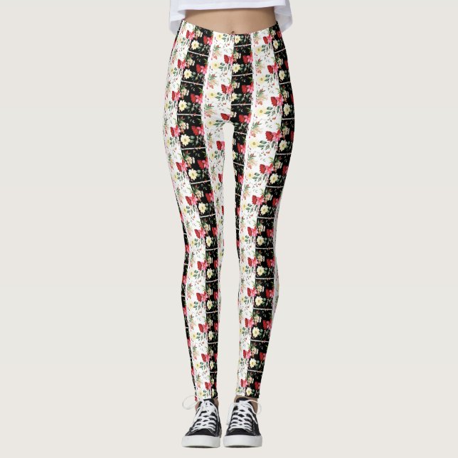 Leggings Fleur rose noir & blanc Gratté (Devant)