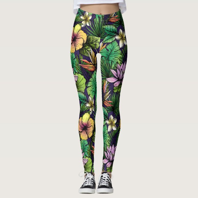 Leggings Fleur Tropical Etché Motif Jaune rose Noir (Devant)