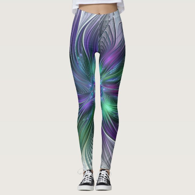 Leggings Fleur verte abstraite moderne fractale violette (Devant)