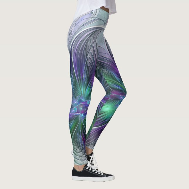 Leggings Fleur verte abstraite moderne fractale violette (Droite)